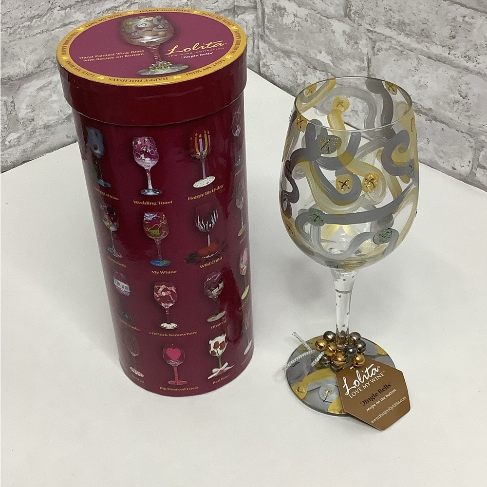 Lolita Jingle Bells Hand Painted Wine Glass Recipe Retired 15oz NIB Holidays NWT